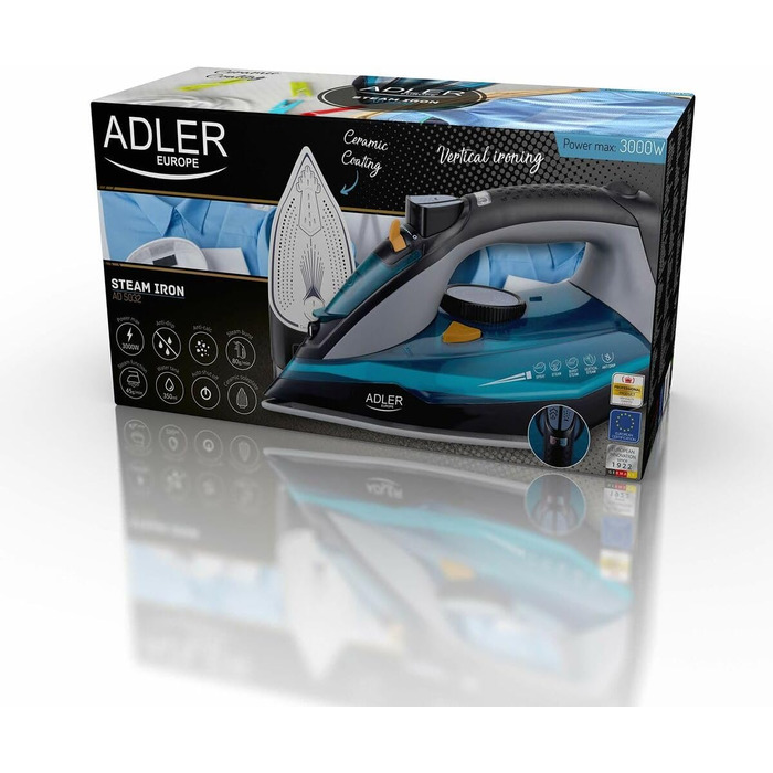 Парова праска Adler AD5032, керамічна підошва, вертикальне та сухе прасування, автоматичне вимкнення, антинакіпний фільтр, захист від протікання, 3000 Вт, 350 мл, синя