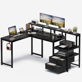 Кутовий стіл Devoko 168x120 см з шухлядою, розеткою, USB-портом, підставкою для монітора та полицями, чорний