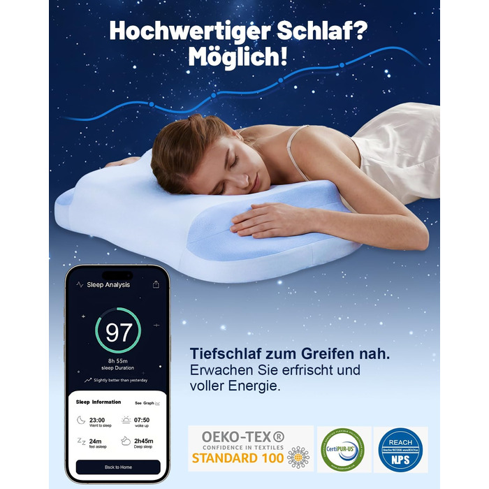 Подушка для шиї та голови IDEA з Memory Foam, ортопедична, антихропічна, для сну на боці, спині та животі (1 шт)