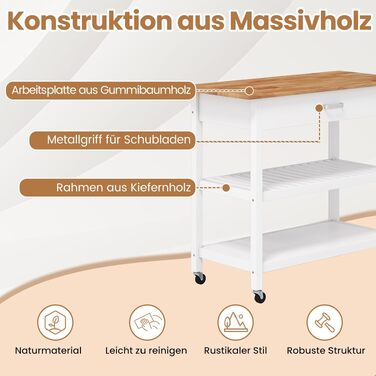 Кухонний візок-острів COSTWAY з робочою поверхнею, 3-рівневий мобільний сервірувальний візок з шухлядою та фіксованими колесами, білий (106 x 50 x 89 см)