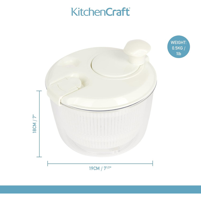 Міні-салатниця-центрифуга KitchenCraft, універсальна, 19 см – для миття та сушіння салату, овочів, компактна, пластикова