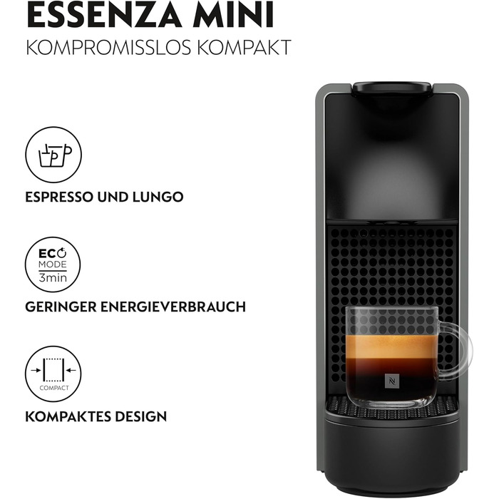Кавомашина Nespresso Essenza Mini Krups сіра: капсульна, 19 бар, 0.6 л, енергозберігаюча, 1260 Вт