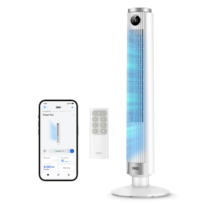 Вентилятор підлоговий DREO Smart 102-114 см з пультом, 9 режимів, тихий (20 дБ), 90° осциляція, таймер 12 год для дому та офісу, білий