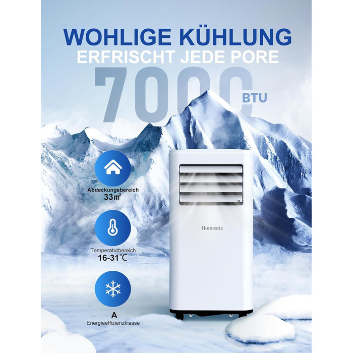 Мобільний кондиціонер 9000 BTU 4-в-1: охолодження, осушення, вентиляція, таймер 24 год, для приміщень до 33 м² (білий)