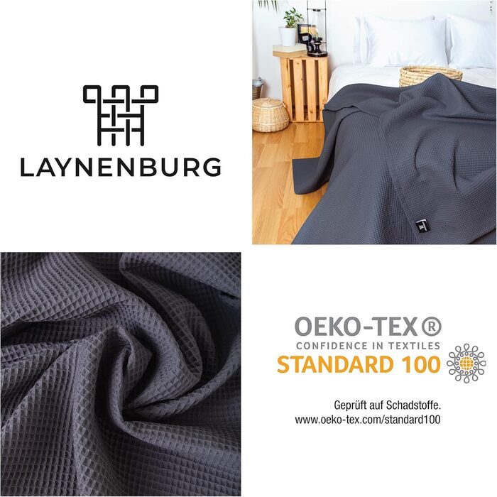 Плед LAYNENBURG Premium 180x220 см, вафельна тканина, 100% бавовна, антрацит