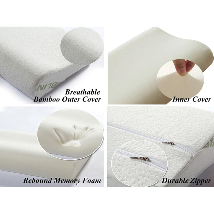 Подушка ортопедична з піни Memory Foam для глибокого сну, бамбукова, біла, гіпоалергенна, знімний чохол