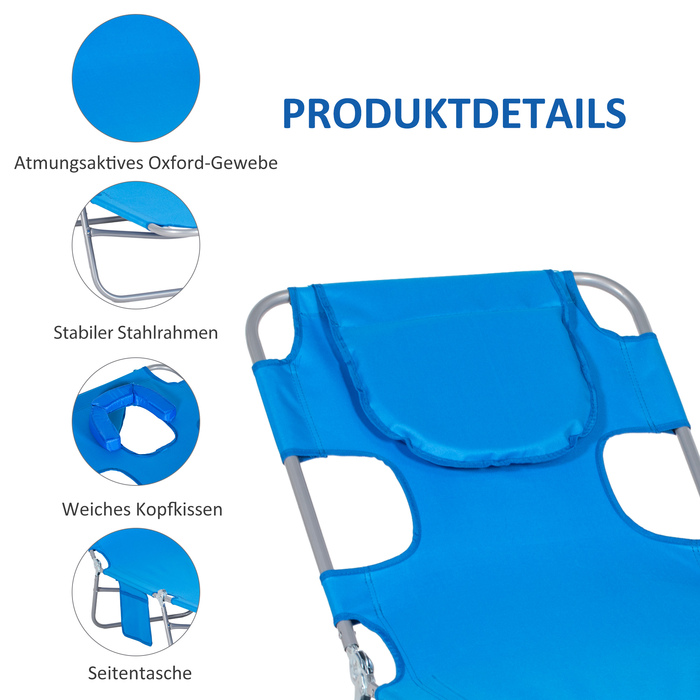 Outsunny Sun Lounger Складний садовий шезлонг з вікном для читання, подушка, шезлонг з регульованою спинкою в 5 напрямках, стійкий до погодних умов шезлонг для кемпінгу з навантаженням до 120 кг, для садового пляжного басейну, синій