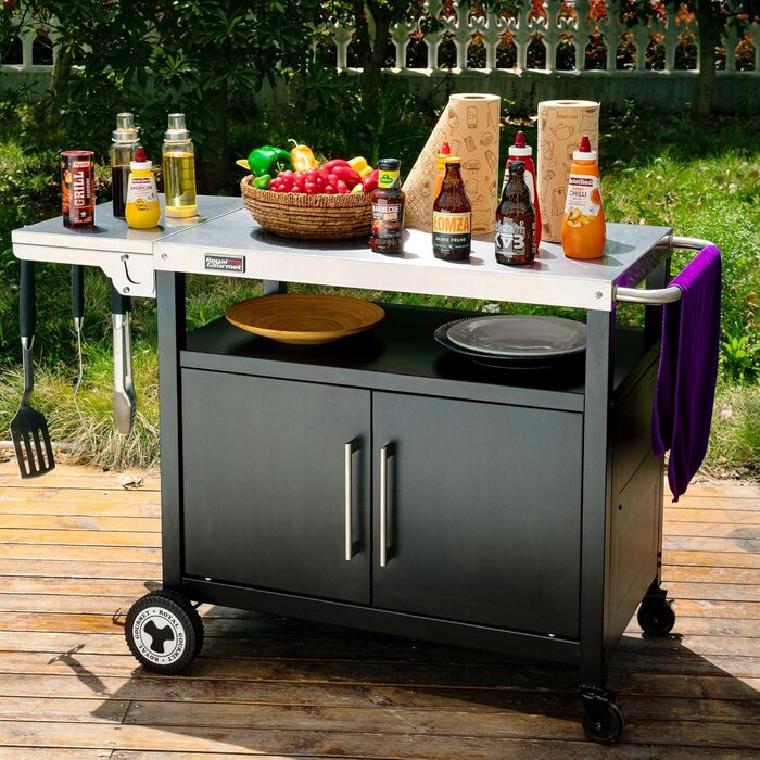 Royal Gourmet Grillwagen: гриль-візок з відкидним столиком, шафкою та нержавіючою сталевою поверхнею