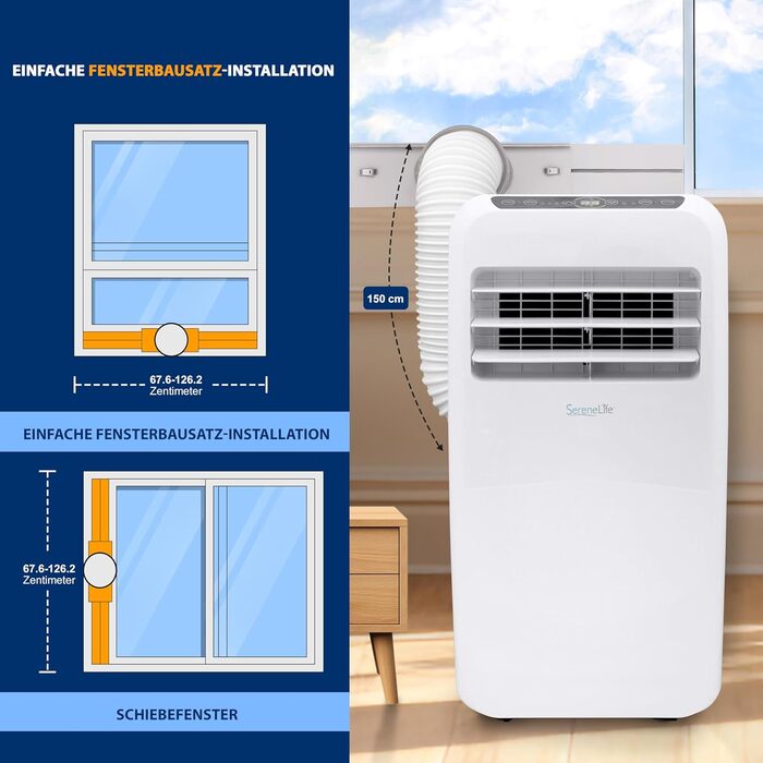 Мобільний кондиціонер SereneLife 3-в-1 9000 BTU з функціями охолодження, осушення та вентиляції, з відведенням повітря, для приміщень до 42 м², білий