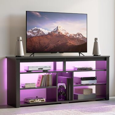 Стійка під телевізор Bestier 70" з підсвіткою LED, тумба для PS5, сучасний ТВ-шаф для вітальні/спальні (140x33.8x61.5 см, чорна карбонова текстура)