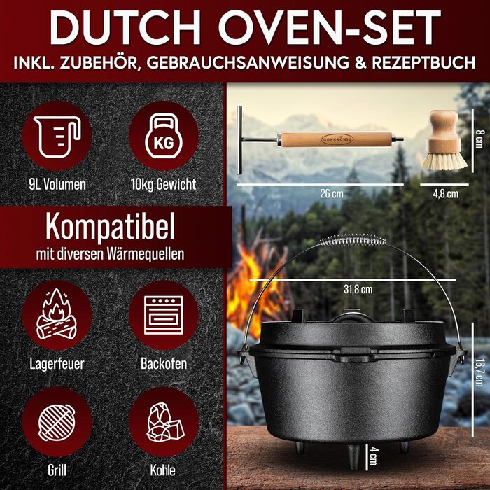 Набір чавунного казана Dutch Oven 9л з ніжками для готування на вогні, 2-в-1 з кришкою-сковорідкою, щіткою та книгою рецептів, чорний