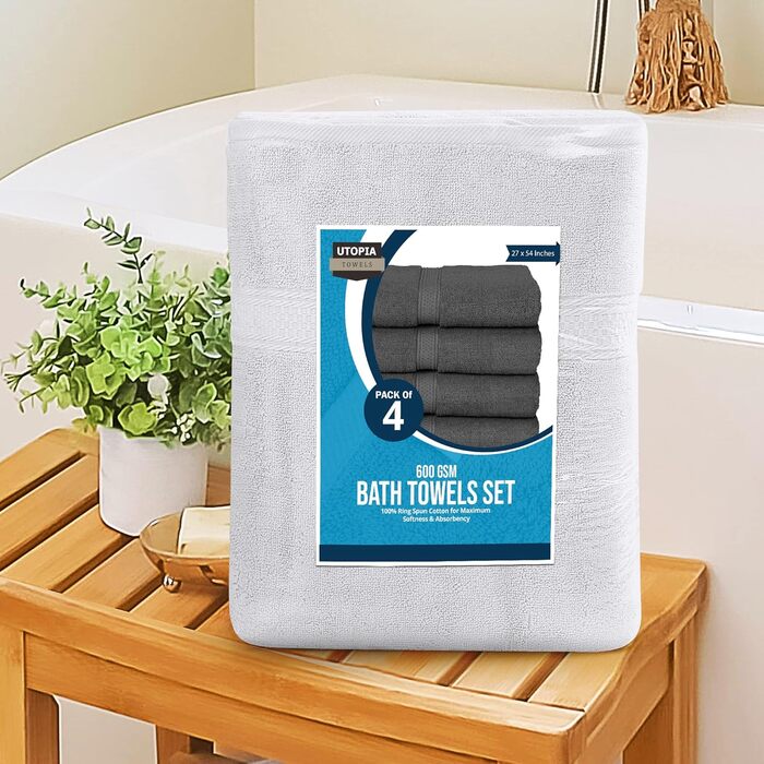 Рушники для ванни Utopia Towels, сріблясті – комплект 4 шт., преміум 100% бавовна 600 г/м², швидковисихаючі, дуже вбираючі, м’які, для щоденного використання
