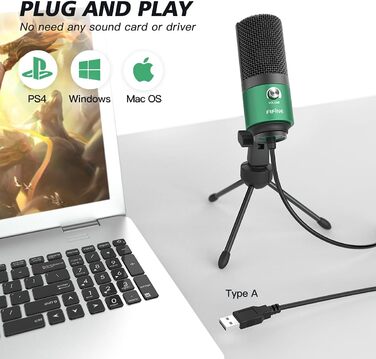 FIFINE USB мікрофон для ПК, Mac, PS4/PS5, студійний конденсаторний мікрофон зі стійкою, зелений