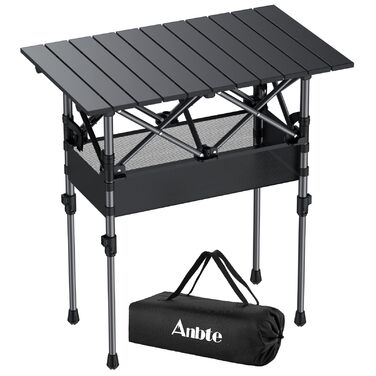 Складаний кемпінговий стіл Anbte з алюмінієвою стільницею 64x40 см, регульована висота 44/70 см, сумка для перенесення та сітка, чорний