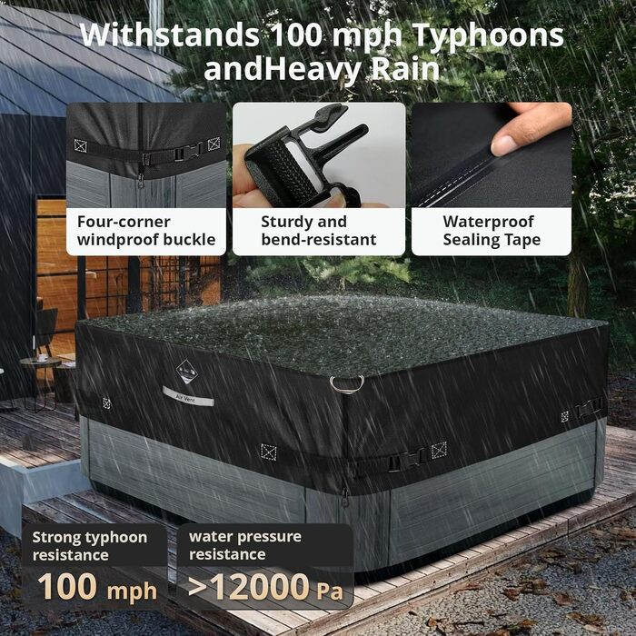 Зміцнений чохол для гідромасажного джакузі Whirlpool, квадратний, 215,9 x 215,9 см, чорний (висока міцність 1000N)