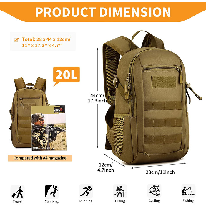 Тактичний рюкзак HUNTVP 20 л водостійкий Molle для спорту, школи, ноутбука, міський, військовий, коричневий