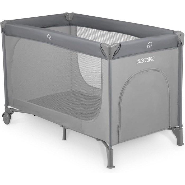 Дитяче ліжечко-манеж Ricokids, складане, 125x65x78 см, 15 кг, з матрацом, колесами з гальмами, знімний боковий вхід, сіре
