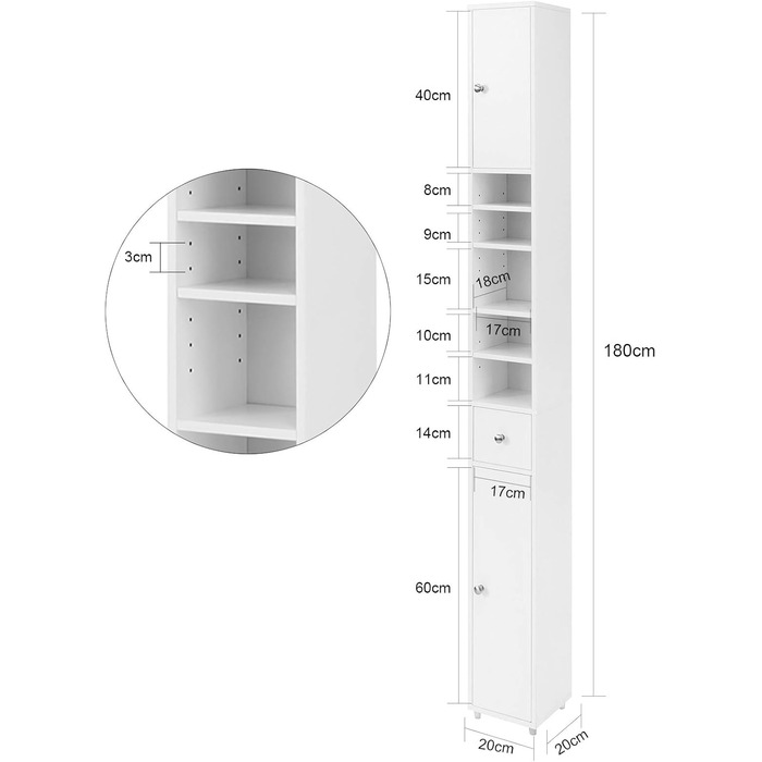 SoBuy BZR34-W Високий шафа для ванної з 5 полицями, 1 шухлядою та дверцятами, білий, 20x180x20 см