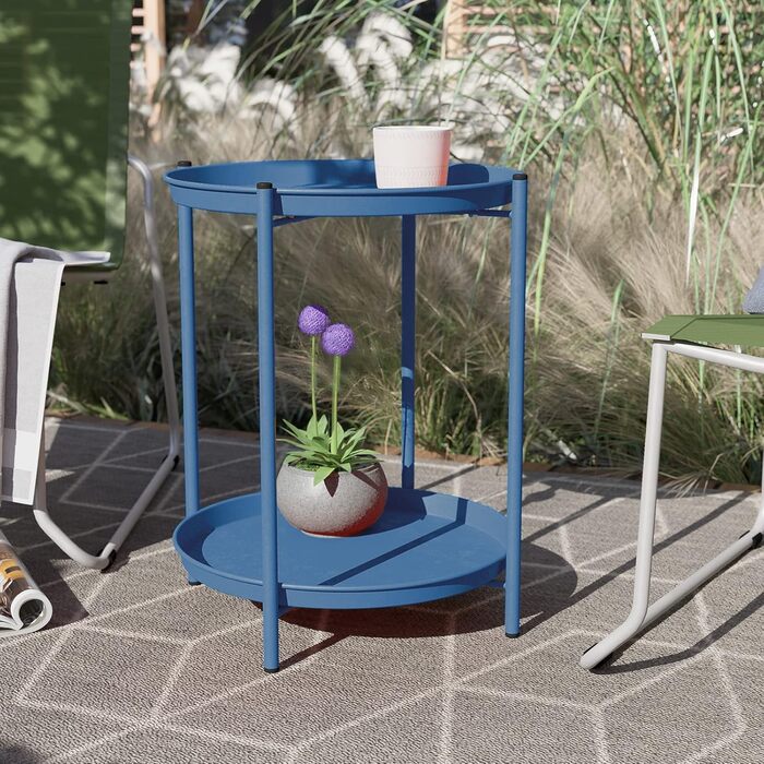 Металевий журнальний стіл Grand patio, 2-рівневий, знімна полиця, 45x45x53 см, для вітальні, спальні, саду, синій павич