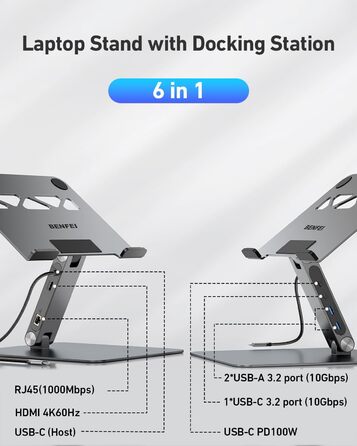 Підставка для ноутбука BENFEI з док-станцією USB-C 6-в-1: HDMI (4K@60Hz), Gigabit LAN, 100W Power Delivery, 10Gbps (1x USB-C 3.2 & 2x USB-A 3.2) – сумісна з MacBook Pro/Air, iPad Pro, XPS, ThinkPad