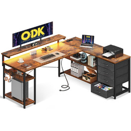 Кутовий письмовий стіл ODK з шухлядами, LED-підсвіткою, розетками та USB,  вінтажно- коричневий 155×110 см, для домашнього офісу