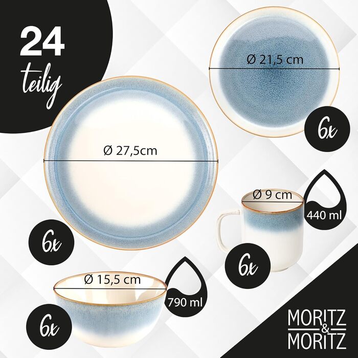Moritz & Moritz TARENTO 24-елементний набір посуду на 6 осіб, синій – елегантний комплект тарілок із високоякісної кам’яної кераміки: 6 обідніх тарілок, 6 десертних тарілок, 6 супових тарілок та 6 чашок