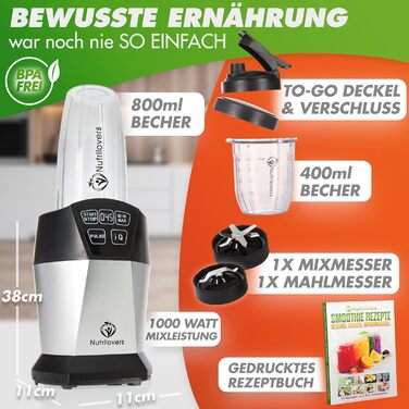 Блендер для смузі NutriBlender Smoothie-Maker 1000 Вт з авто-функцією Auto-IQ, 2 стакани, ніж, кришки, без BPA + Книга рецептів