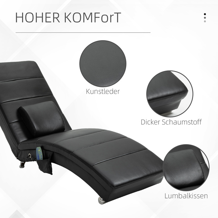 Шкіряний шезлонг HOMCOM з функцією масажу, 58 x 163 x 87 см, до 120 кг, 8 масажних точок, з пультом дистанційного керування Висока подушка для спини, чорний