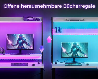ODK Кутовий комп'ютерний стіл L-подібний з LED-підсвіткою, USB зарядкою та розеткою, білий, для геймінгу та домашнього офісу, 168×120 см