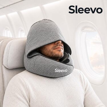 Ергономічна подушка для подорожей з ефектом пам'яті (Memory Foam) та капюшоном-маскою для сну, сіра (розмір M) — для літака, поїзда та авто