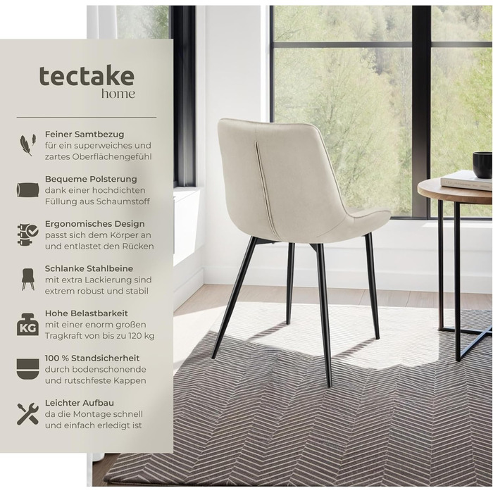 tectake® Набір з 2 стільців для їдальні, кухні та вітальні, ергономічні стільці з м'якою спинкою та сидінням із оксамиту, чорні металеві ніжки, колір кремовий