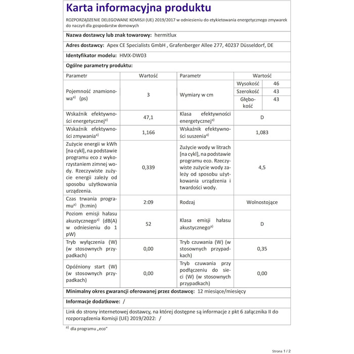 Посудомийна машина компактна Hermitlux Mini на 5 персон, 5л, з сушінням гарячим повітрям, клас енергоефективності D, скляні двері