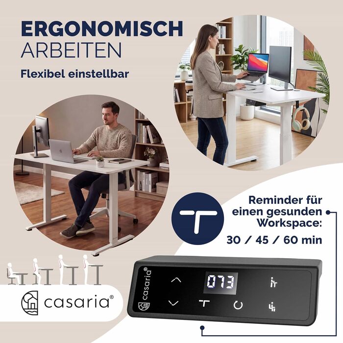 Ергономічний електричний стіл Casaria® 120x60 см з бездротовою зарядкою, USB-C/A, LCD-дисплеєм та пам'яттю (білий)