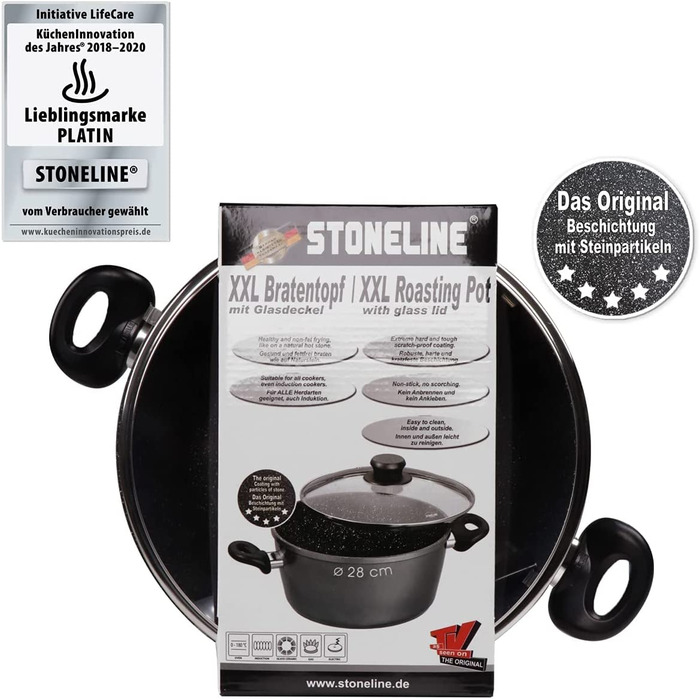 Велика каструля Stoneline XXL 28 см з кришкою, для індукції, алюмінієва з антипригарним покриттям з кам'яними частками, сіра
