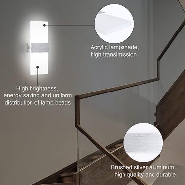 Lightsjoy LED настінний світильник 12W, сучасний, для внутрішнього освітлення, холодне біле світло, для спальні, коридору, вітальні, сходів