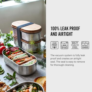 Ланч-бокс Bento BLACK+BLUM з нержавіючої сталі та бамбуковою кришкою, 2x500 мл, герметичний, з вилкою, розділювачем і обробною дошкою, Sara Kiyo Popowa Edition, для дорослих