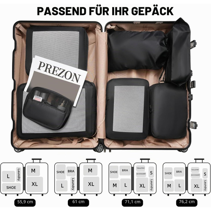 Набір органайзерів для валізи Packing Cubes (8 предметів), легкі дорожні сумки-вставки для одягу та аксесуарів, чорні