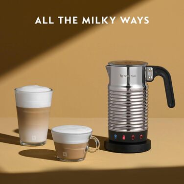 Електричний спінювач молока Nespresso Aeroccino 4, 120 мл кремової пінки, 240 мл гарячого молока, підходить для посудомийної машини, сріблястий