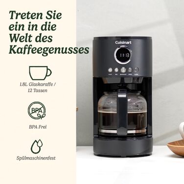 Кавоварка фільтраційна Cuisinart 1.8 л, 12 чашок, програмована, швидке заварювання, таймер 24 години, функція підтримки тепла, браузерна екстракція, мийка в посудомийці, чорна