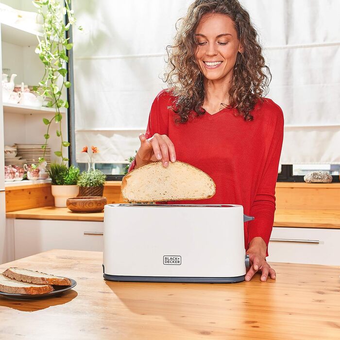 Тостер Black+Decker BXTO1001E, 1000 Вт, білий, з великим екстрадовгим слотом, 7 режимів підсмажування, функція High-Lift, зупинка, змотування кабелю