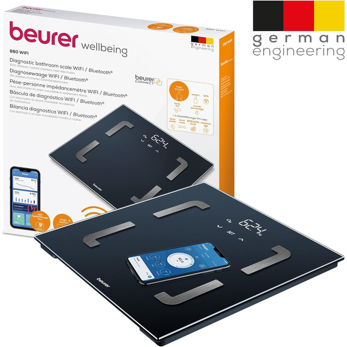 Цифрова діагностична вага Beurer BF 880 з Wi-Fi та Bluetooth, аналізатор складу тіла, вимірювання жирової та м'язової маси, до 180 кг, сумісна з додатком