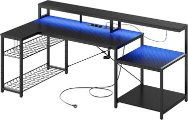 Ігровий стіл Bestier L-подібний 181x80 см з LED підсвіткою, розетками та USB, чорний карбон