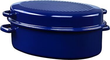 Овальна гусятниця Riess CLASSIC з кришкою, 6.5 л, емальована, 38 см, для індукції, синя зовні, чорна всередині