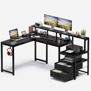 Кутовий стіл Devoko 168x120 см з шухлядою, розеткою, USB-портом, підставкою для монітора та полицями, чорний