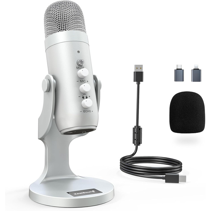 Zealsound USB мікрофон K66 сріблястий для подкастів, ПК, смартфонів, PS4/5, з шумозаглушенням, кнопками вимкнення/ехо/гучності, для ігор, запису, стрімінгу, YouTube, сумісний з Mac, Windows, Android