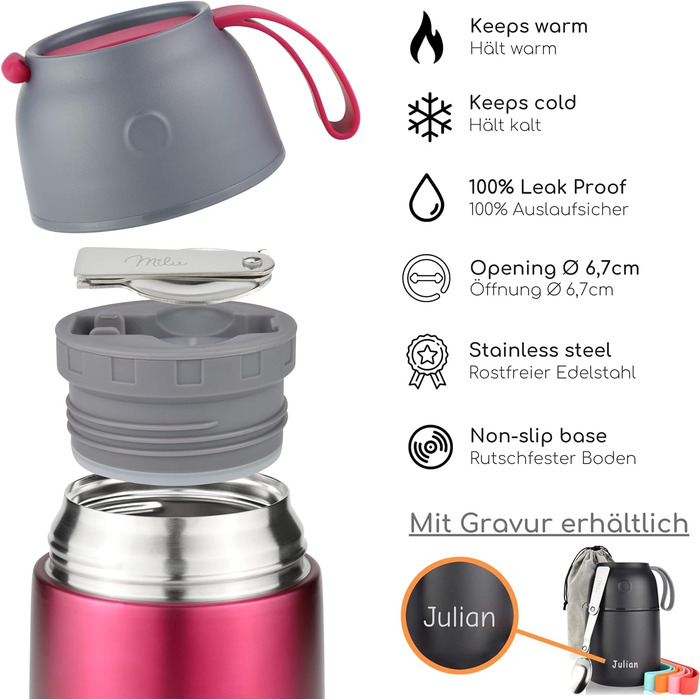 Термоконтейнер Milu 800 мл з нержавіючої сталі для їжі та дитячого харчування, термоланчбокс для зберігання їжі теплою, ягідний колір
