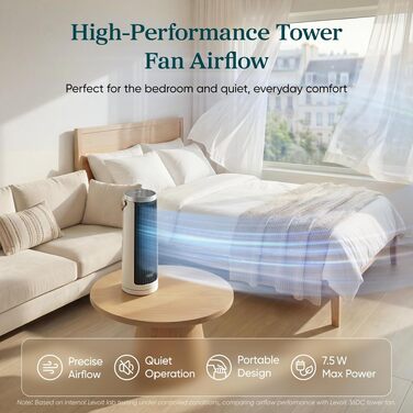 Вентилятор Tower Levoit Kompakt DC: Тихий (20 дБ), 5 швидкостей, охолодження 7 м/с, сірий