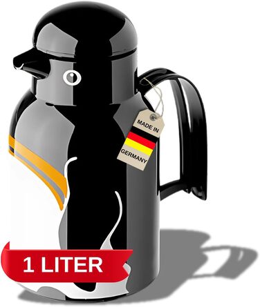 Термос Helios Thermoskanne Thermo-Bird Pinguin 1L, 6 годин, підтримує температуру напоїв, зручний вилив через носик, міцний пластик, чорний