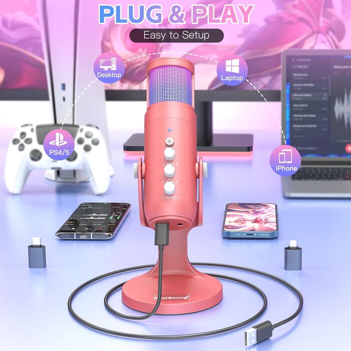 USB-мікрофон Zealsound K66 для смартфона, ПК, ігрових консолей, конденсаторний, з адаптером, ефектом ехo та функцією вимкнення звуку, для запису, стрімінгу, подкастів, ASMR, Plug & Play, синій