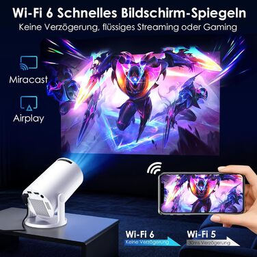 Портативний міні-проектор WOLFANG 1080P з WiFi 6, Bluetooth 5.4 та вбудованими додатками, автокоррекція трапецієподібних викривлень, підставка 180°, для дому та кінотеатру